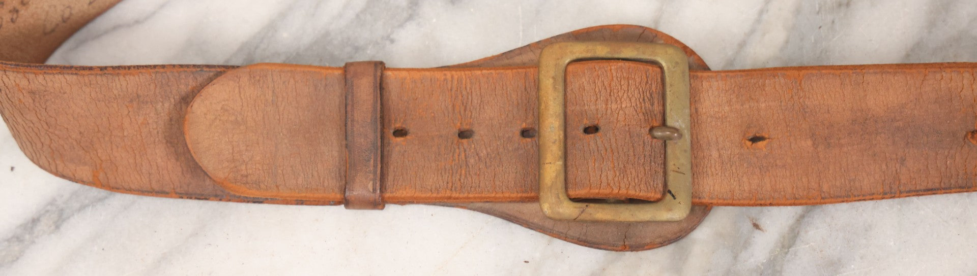 Lot 060 - Trio Of Antique Leather Belts Including Brass Anchor Buckle, Brass Eagle-And-Anchor Buckle, And Belt Marked “Sgt. Standish, Co. L. 182nd Inf.”