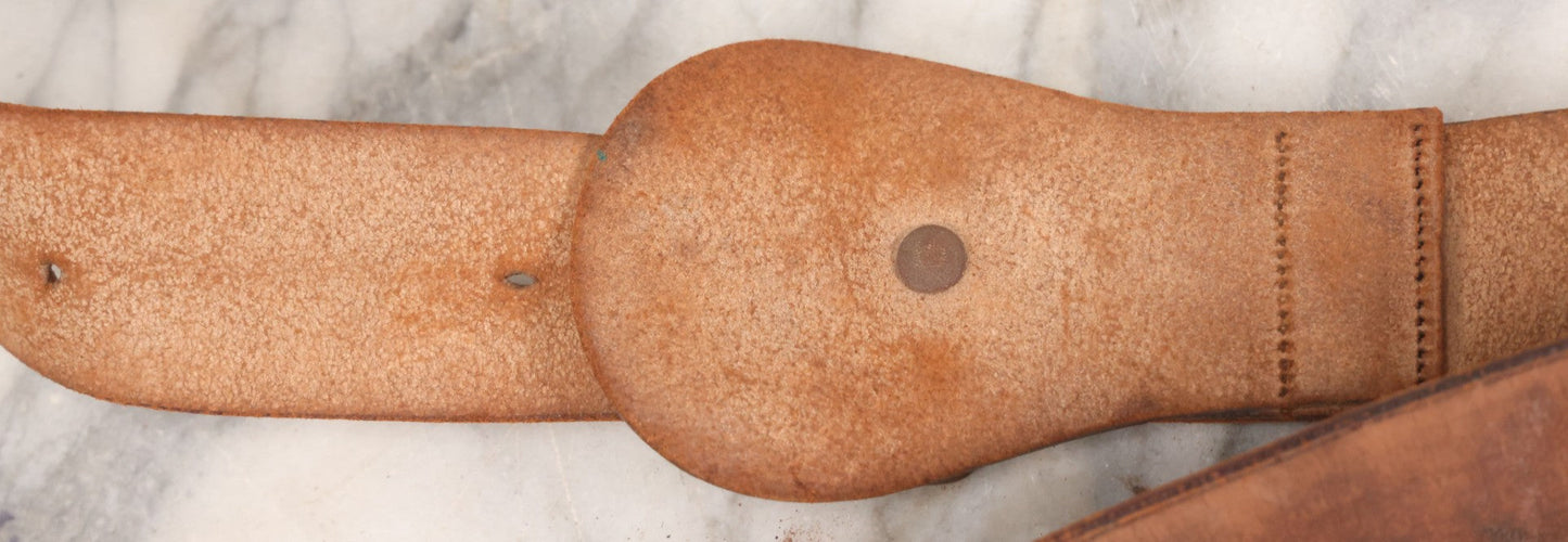 Lot 060 - Trio Of Antique Leather Belts Including Brass Anchor Buckle, Brass Eagle-And-Anchor Buckle, And Belt Marked “Sgt. Standish, Co. L. 182nd Inf.”