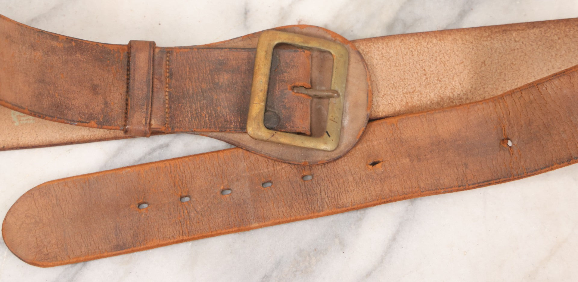 Lot 060 - Trio Of Antique Leather Belts Including Brass Anchor Buckle, Brass Eagle-And-Anchor Buckle, And Belt Marked “Sgt. Standish, Co. L. 182nd Inf.”