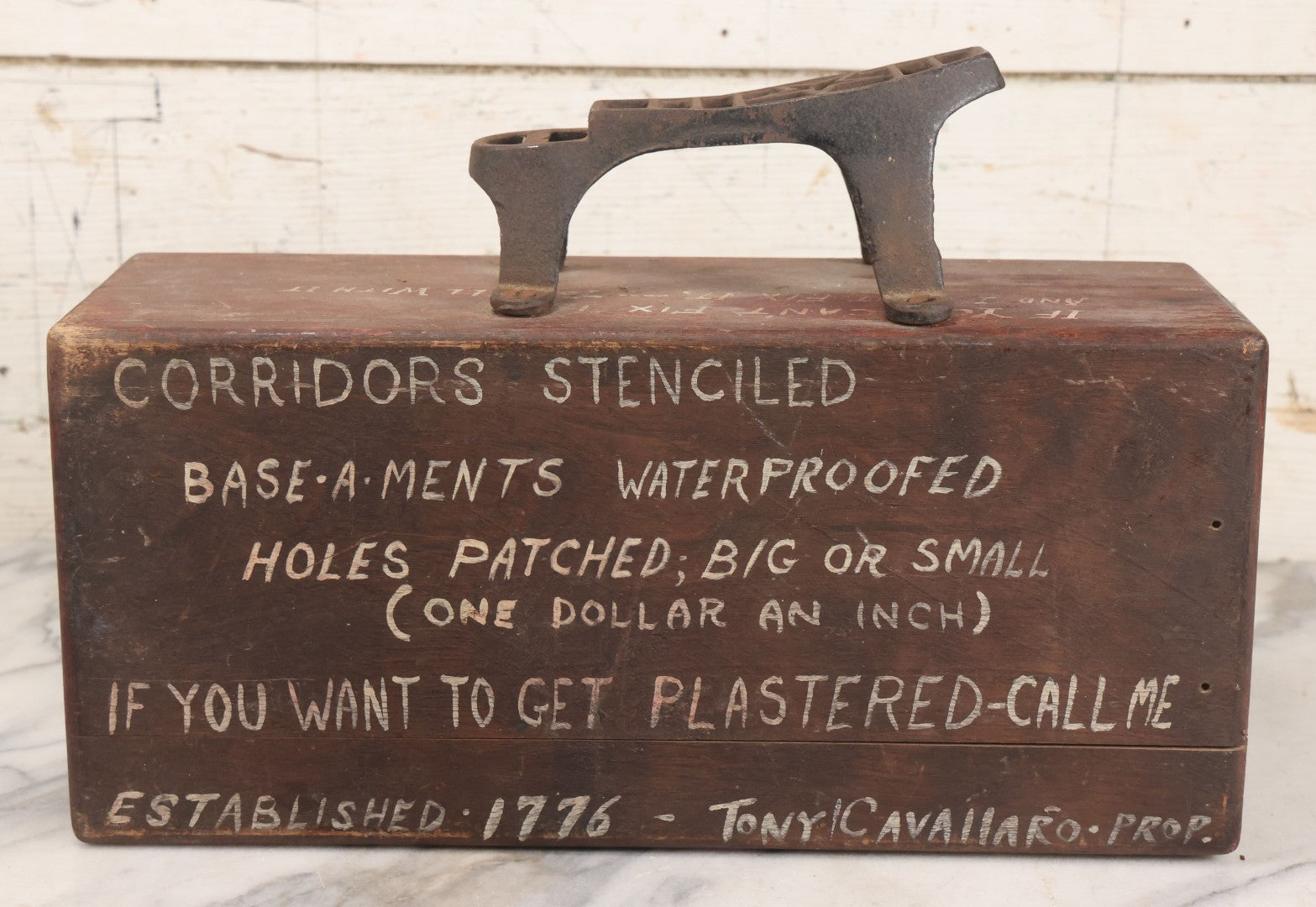 Lot 062 - Vintage Hand Painted Folk Art Shoe Shine Box With Humorous Lettering, Cast Iron Shoe Rest, Signed Tony Cavallaro, Advertising Handyman Services, "If You Want To Get Plastered - Call Me", Missing Internal Drawer