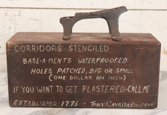 Lot 062 - Vintage Hand Painted Folk Art Shoe Shine Box With Humorous Lettering, Cast Iron Shoe Rest, Signed Tony Cavallaro, Advertising Handyman Services, "If You Want To Get Plastered - Call Me", Missing Internal Drawer