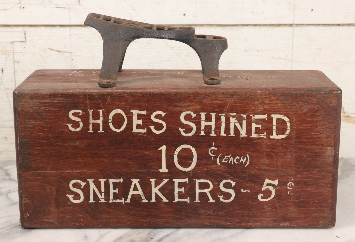 Lot 062 - Vintage Hand Painted Folk Art Shoe Shine Box With Humorous Lettering, Cast Iron Shoe Rest, Signed Tony Cavallaro, Advertising Handyman Services, "If You Want To Get Plastered - Call Me", Missing Internal Drawer