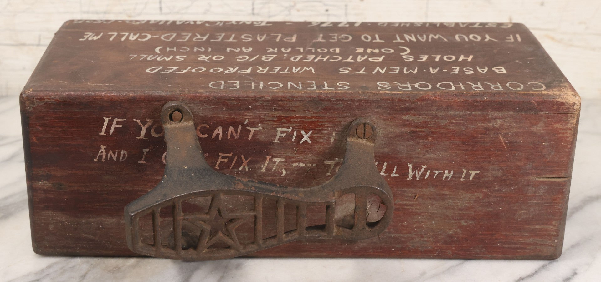 Lot 062 - Vintage Hand Painted Folk Art Shoe Shine Box With Humorous Lettering, Cast Iron Shoe Rest, Signed Tony Cavallaro, Advertising Handyman Services, "If You Want To Get Plastered - Call Me", Missing Internal Drawer
