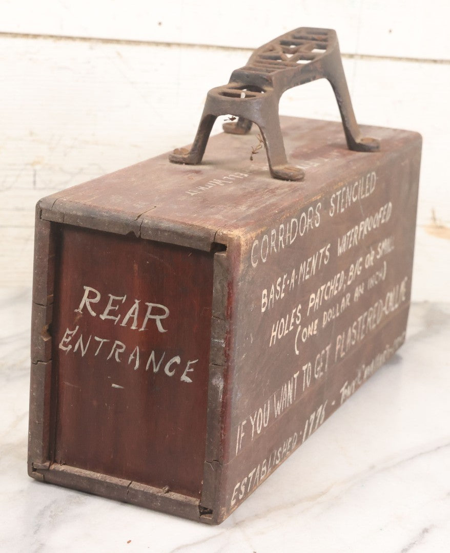 Lot 062 - Vintage Hand Painted Folk Art Shoe Shine Box With Humorous Lettering, Cast Iron Shoe Rest, Signed Tony Cavallaro, Advertising Handyman Services, "If You Want To Get Plastered - Call Me", Missing Internal Drawer