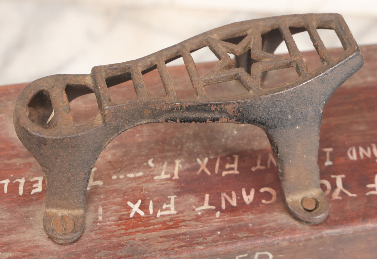 Lot 062 - Vintage Hand Painted Folk Art Shoe Shine Box With Humorous Lettering, Cast Iron Shoe Rest, Signed Tony Cavallaro, Advertising Handyman Services, "If You Want To Get Plastered - Call Me", Missing Internal Drawer