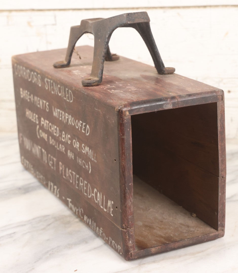 Lot 062 - Vintage Hand Painted Folk Art Shoe Shine Box With Humorous Lettering, Cast Iron Shoe Rest, Signed Tony Cavallaro, Advertising Handyman Services, "If You Want To Get Plastered - Call Me", Missing Internal Drawer