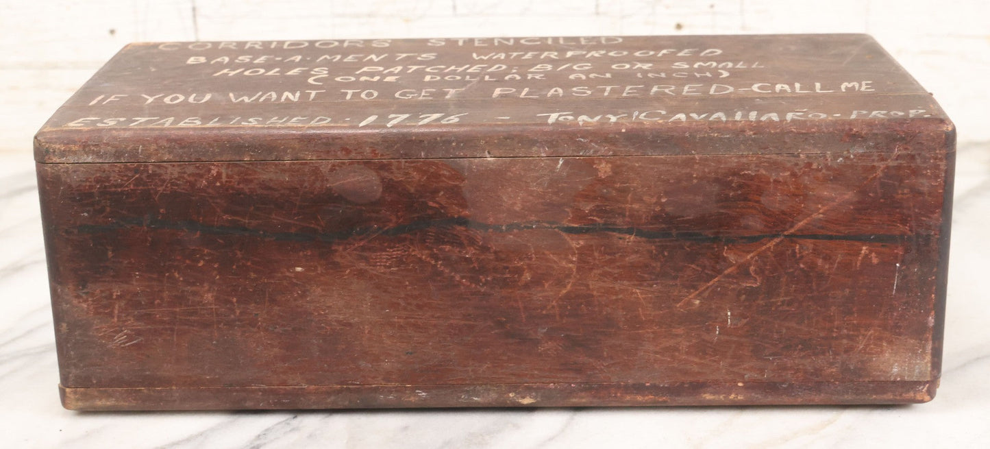 Lot 062 - Vintage Hand Painted Folk Art Shoe Shine Box With Humorous Lettering, Cast Iron Shoe Rest, Signed Tony Cavallaro, Advertising Handyman Services, "If You Want To Get Plastered - Call Me", Missing Internal Drawer