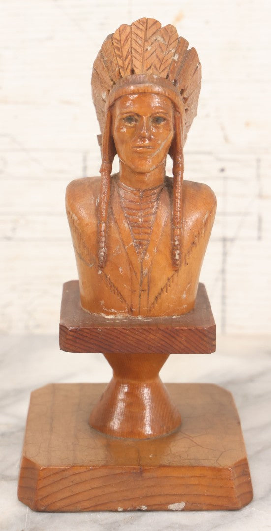 Lot 063 - Vintage Hand Carved Wood Folk Art Bust Of Native American Chief With Feathered Headdress, On Pedestal Base, 7-3/4" H