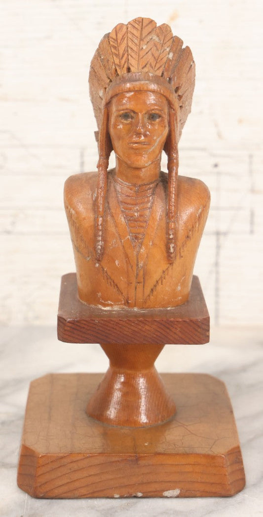 Lot 063 - Vintage Hand Carved Wood Folk Art Bust Of Native American Chief With Feathered Headdress, On Pedestal Base, 7-3/4" H