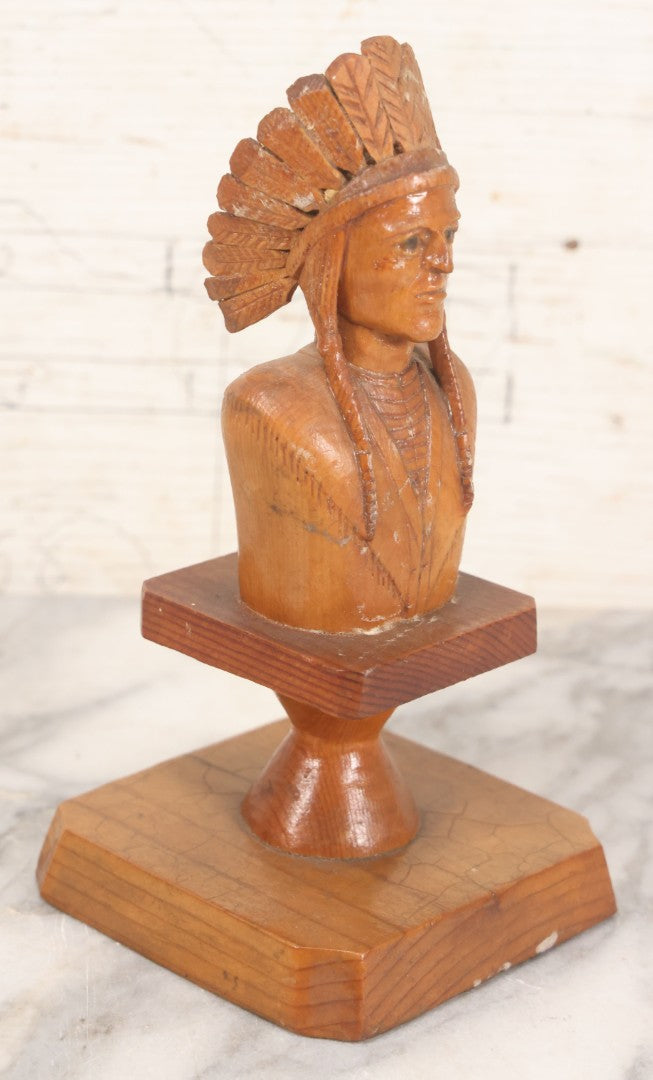 Lot 063 - Vintage Hand Carved Wood Folk Art Bust Of Native American Chief With Feathered Headdress, On Pedestal Base, 7-3/4" H