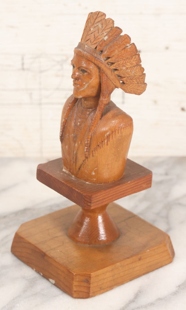 Lot 063 - Vintage Hand Carved Wood Folk Art Bust Of Native American Chief With Feathered Headdress, On Pedestal Base, 7-3/4" H