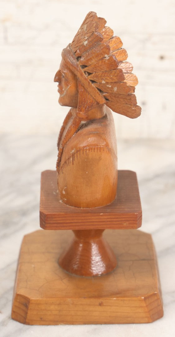 Lot 063 - Vintage Hand Carved Wood Folk Art Bust Of Native American Chief With Feathered Headdress, On Pedestal Base, 7-3/4" H
