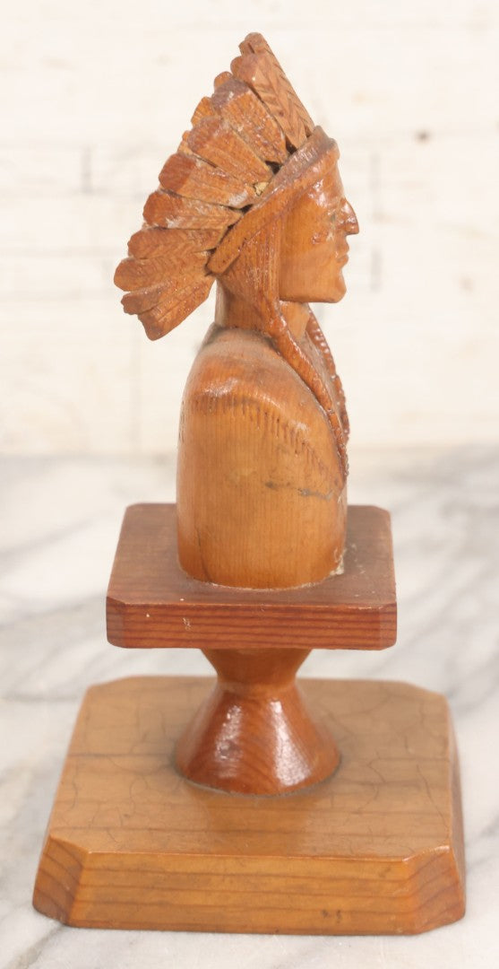 Lot 063 - Vintage Hand Carved Wood Folk Art Bust Of Native American Chief With Feathered Headdress, On Pedestal Base, 7-3/4" H