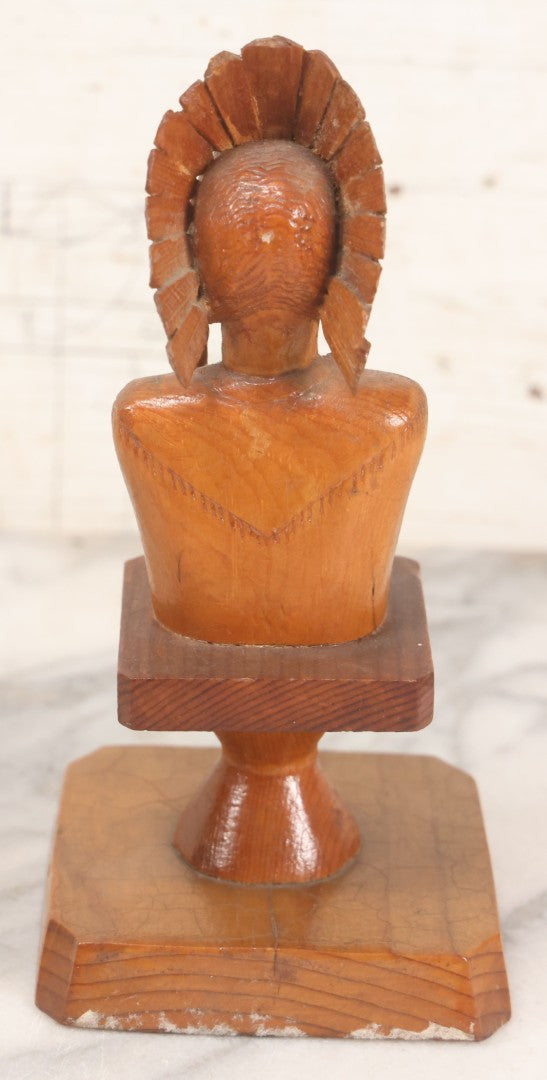 Lot 063 - Vintage Hand Carved Wood Folk Art Bust Of Native American Chief With Feathered Headdress, On Pedestal Base, 7-3/4" H