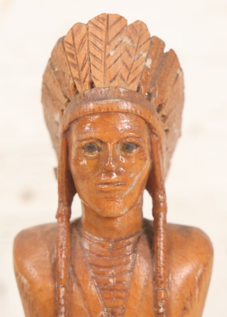 Lot 063 - Vintage Hand Carved Wood Folk Art Bust Of Native American Chief With Feathered Headdress, On Pedestal Base, 7-3/4" H