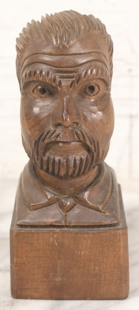 Lot 064 - Vintage Hand Carved Wood Folk Art Bust Of Man With Beard And Collared Shirt, 7" H