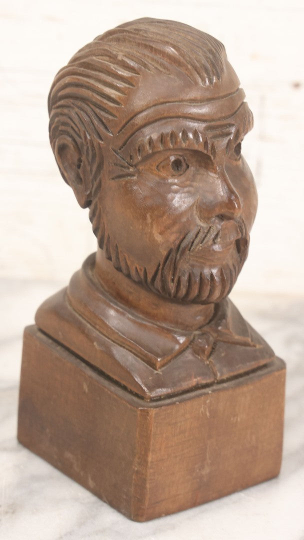 Lot 064 - Vintage Hand Carved Wood Folk Art Bust Of Man With Beard And Collared Shirt, 7" H