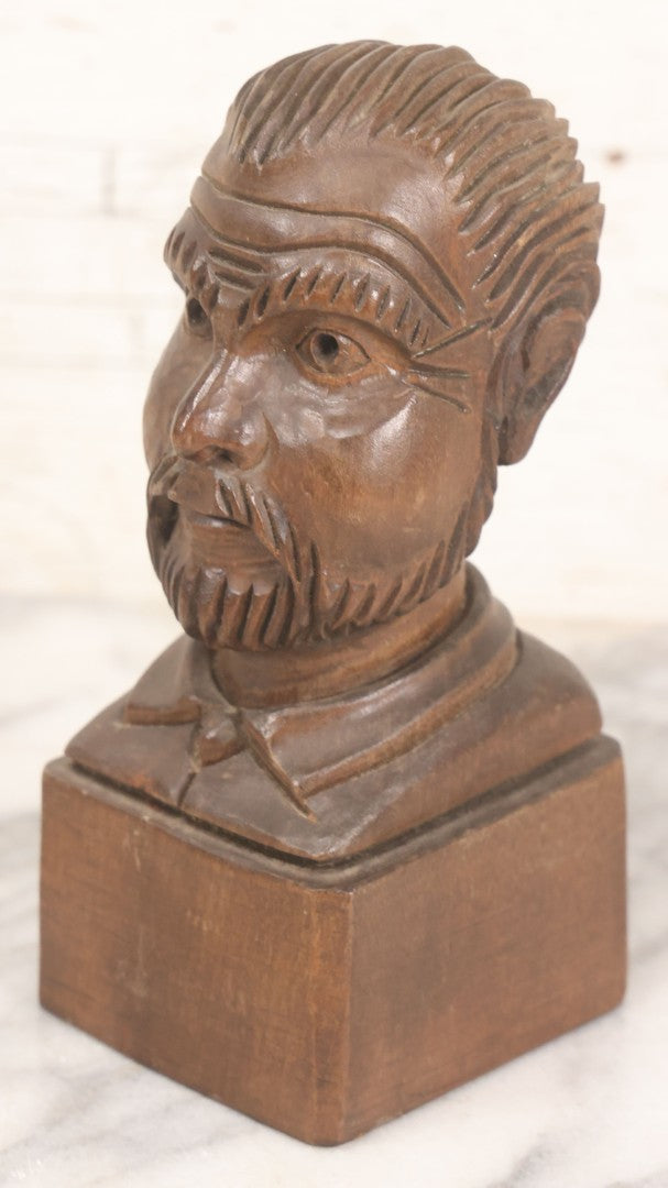 Lot 064 - Vintage Hand Carved Wood Folk Art Bust Of Man With Beard And Collared Shirt, 7" H
