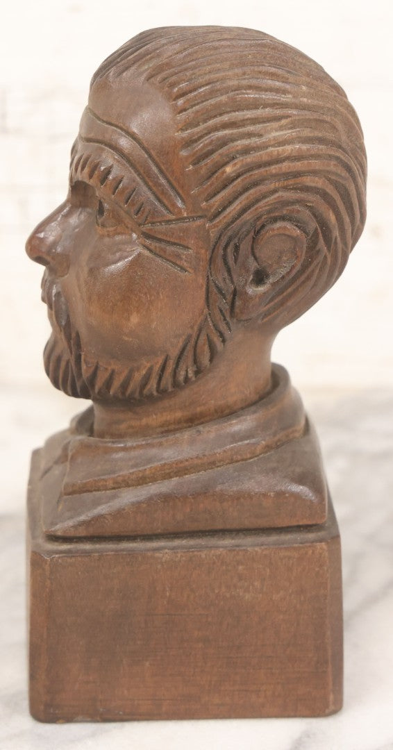Lot 064 - Vintage Hand Carved Wood Folk Art Bust Of Man With Beard And Collared Shirt, 7" H