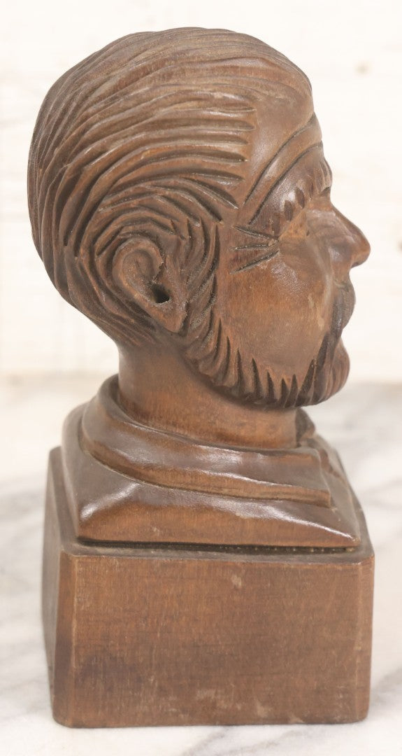 Lot 064 - Vintage Hand Carved Wood Folk Art Bust Of Man With Beard And Collared Shirt, 7" H