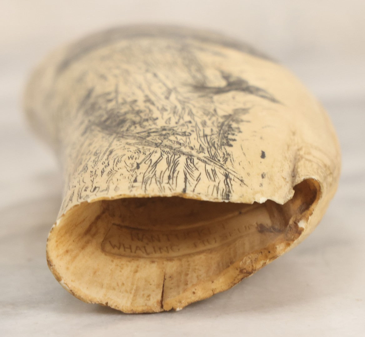 Lot 067 - Vintage Faux Scrimshaw Whale's Tooth With Nautical Whaling Scene, “Sperm Whale At Bay,” Souvenir Of The Nantucket Whaling Museum, Artek Reproduction, *Not Real*