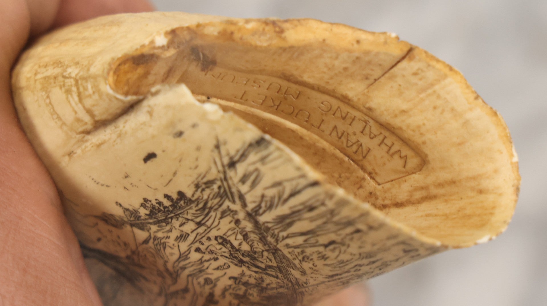 Lot 067 - Vintage Faux Scrimshaw Whale's Tooth With Nautical Whaling Scene, “Sperm Whale At Bay,” Souvenir Of The Nantucket Whaling Museum, Artek Reproduction, *Not Real*