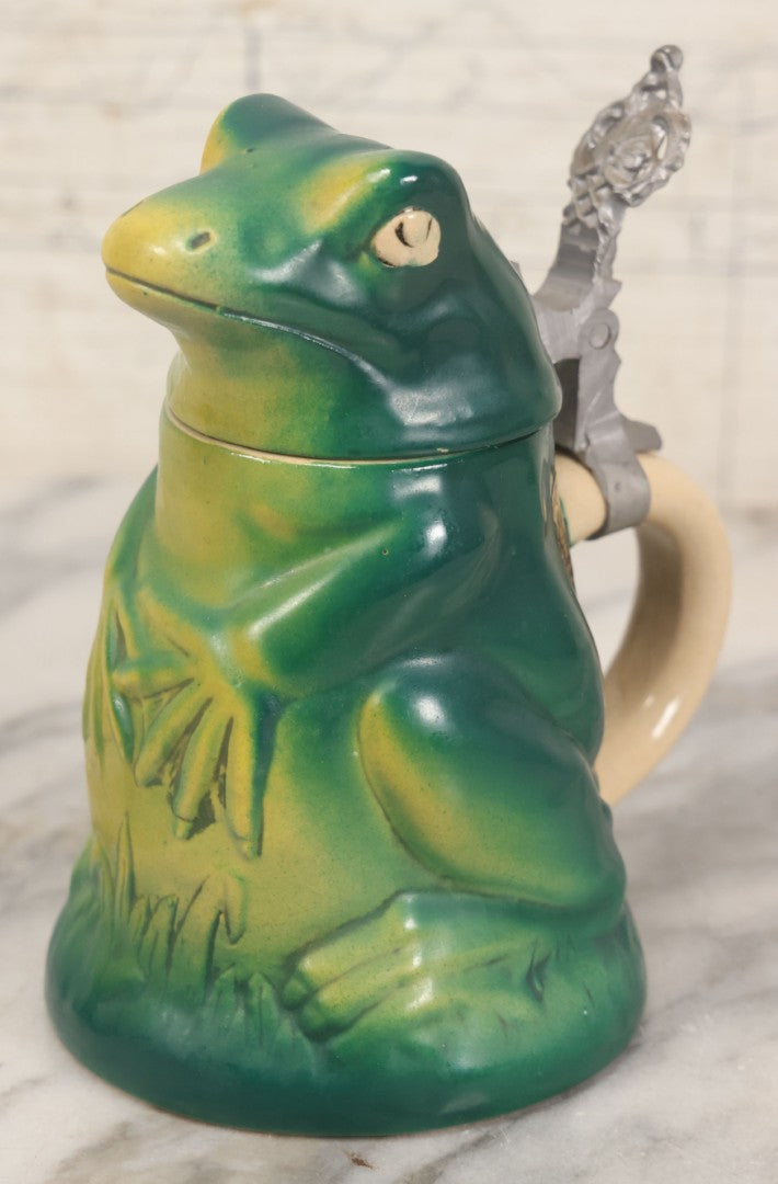 Lot 068 - Vintage Ceramic Frog Stein With Cast Metal Lid Hinge, With Sticker For Golden Crown E&R Western Germany, 5-5/8" H