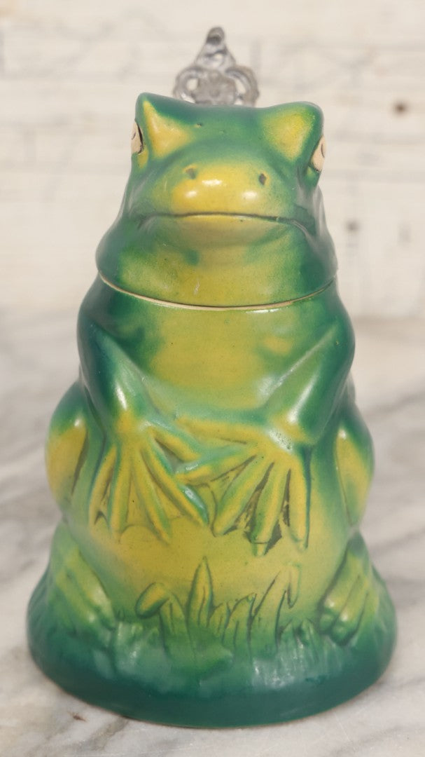 Lot 068 - Vintage Ceramic Frog Stein With Cast Metal Lid Hinge, With Sticker For Golden Crown E&R Western Germany, 5-5/8" H