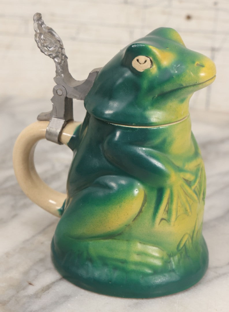 Lot 068 - Vintage Ceramic Frog Stein With Cast Metal Lid Hinge, With Sticker For Golden Crown E&R Western Germany, 5-5/8" H