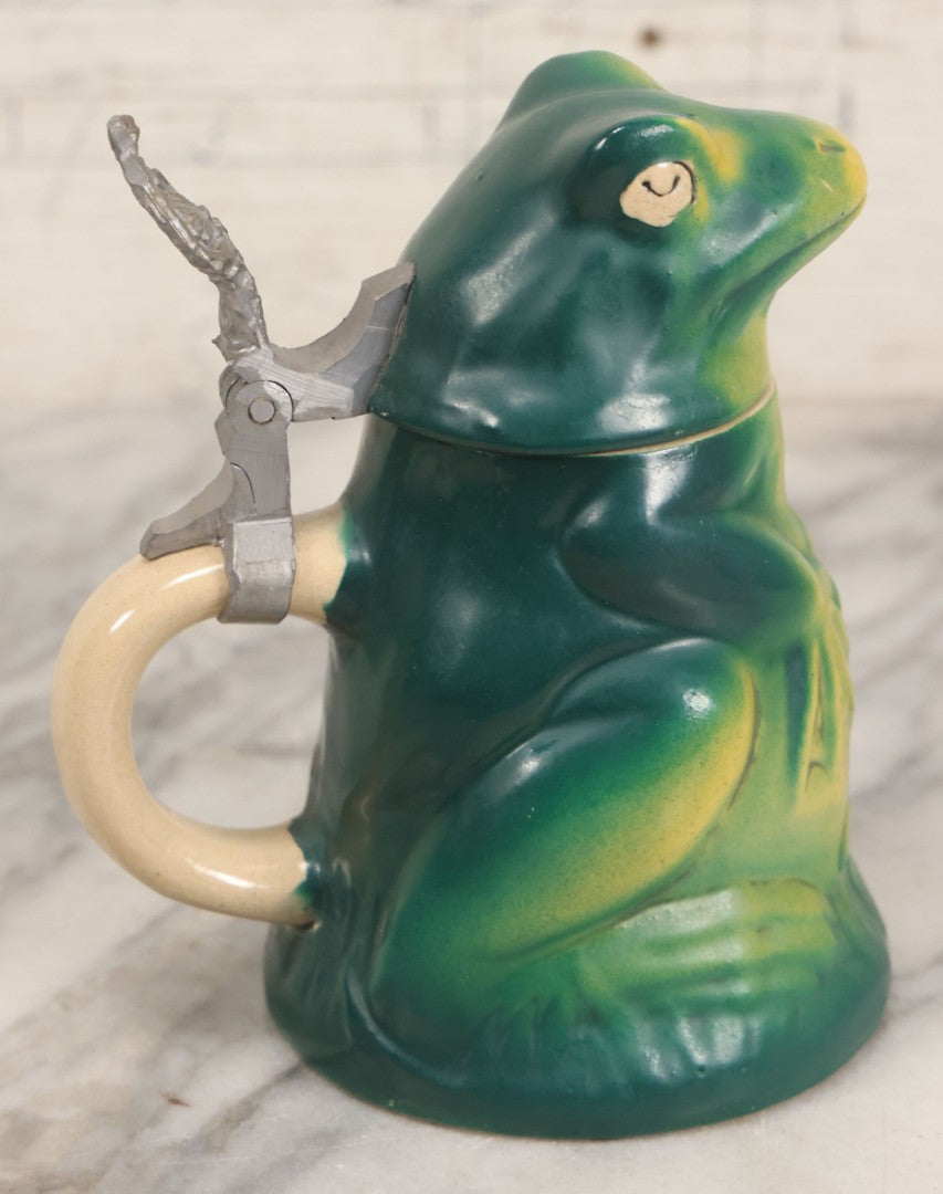 Lot 068 - Vintage Ceramic Frog Stein With Cast Metal Lid Hinge, With Sticker For Golden Crown E&R Western Germany, 5-5/8" H