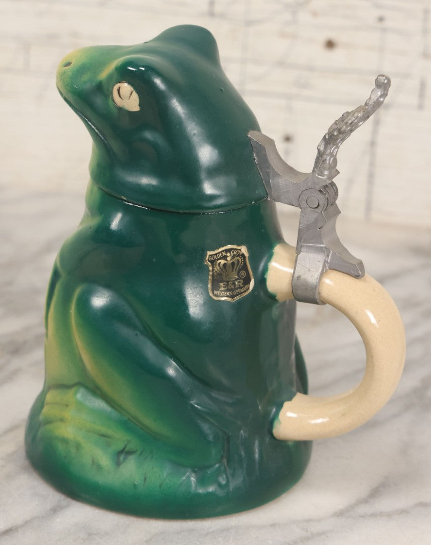 Lot 068 - Vintage Ceramic Frog Stein With Cast Metal Lid Hinge, With Sticker For Golden Crown E&R Western Germany, 5-5/8" H