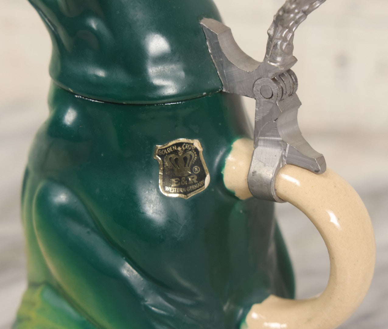 Lot 068 - Vintage Ceramic Frog Stein With Cast Metal Lid Hinge, With Sticker For Golden Crown E&R Western Germany, 5-5/8" H