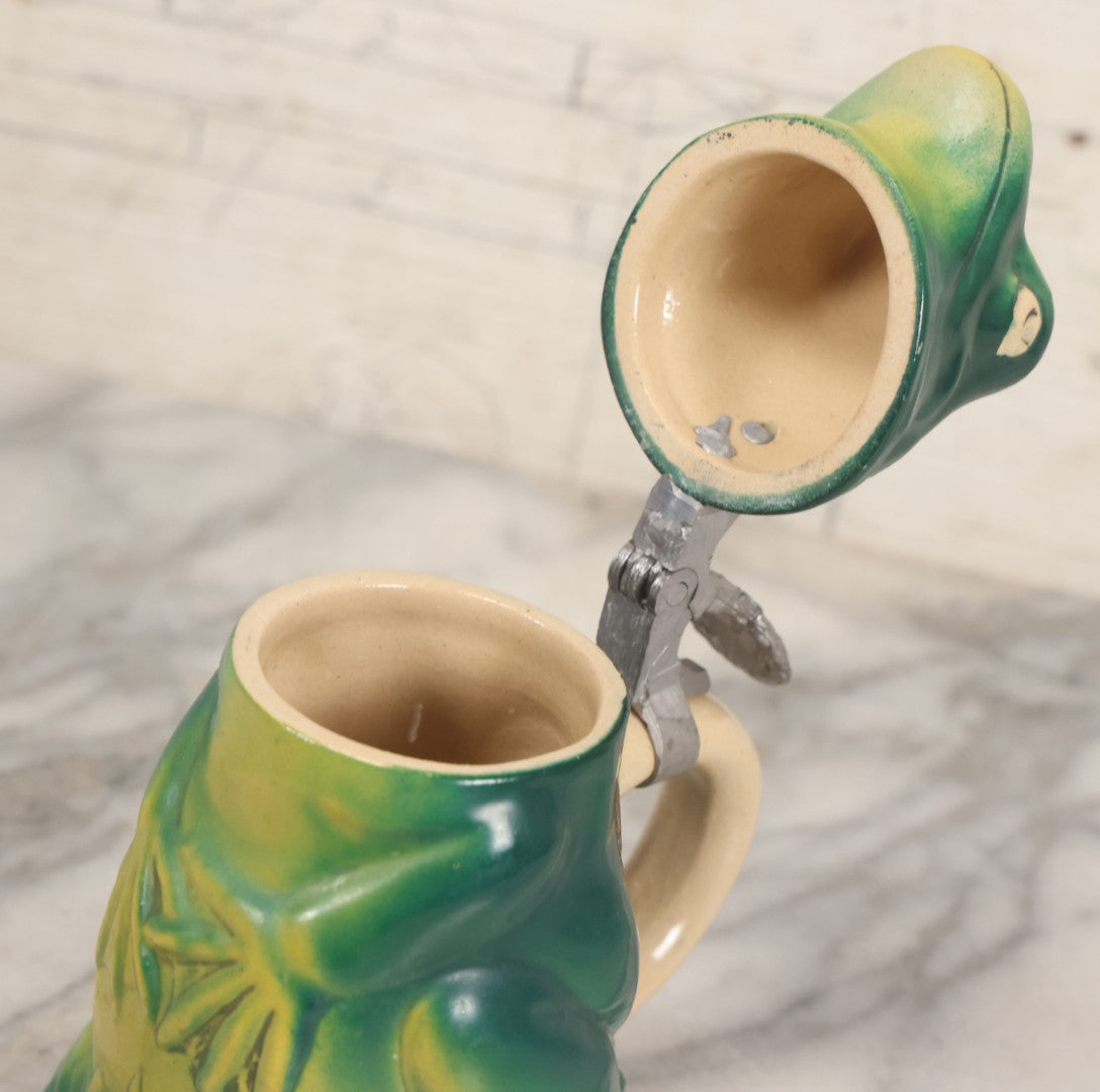 Lot 068 - Vintage Ceramic Frog Stein With Cast Metal Lid Hinge, With Sticker For Golden Crown E&R Western Germany, 5-5/8" H