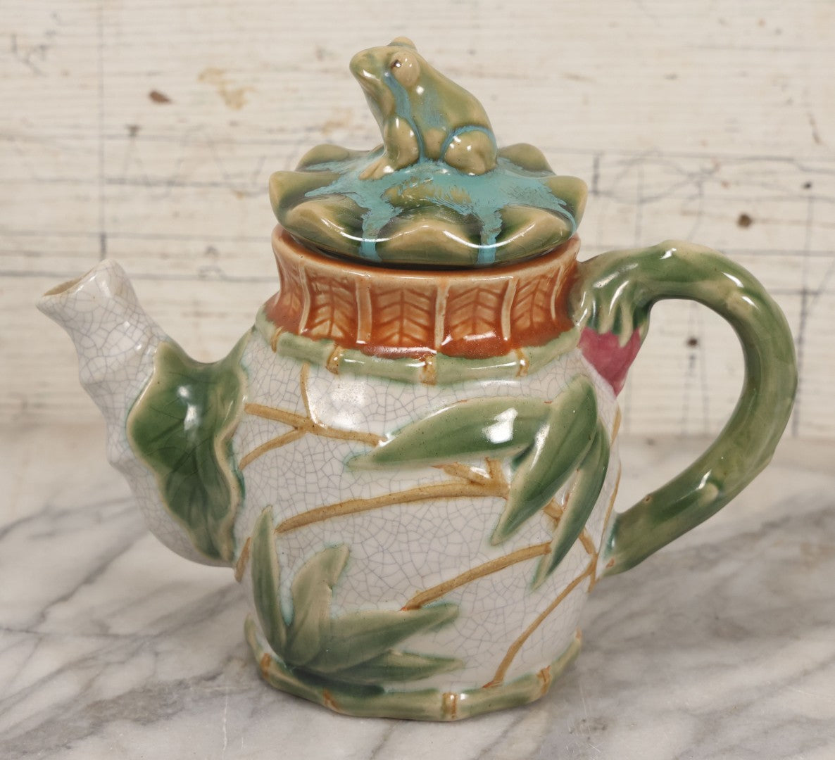 Lot 069 - Vintage Majolica Ceramic Teapot With Figural Frog On Lid, Bamboo Motif, Craquelure Finish, 7-1/4" H