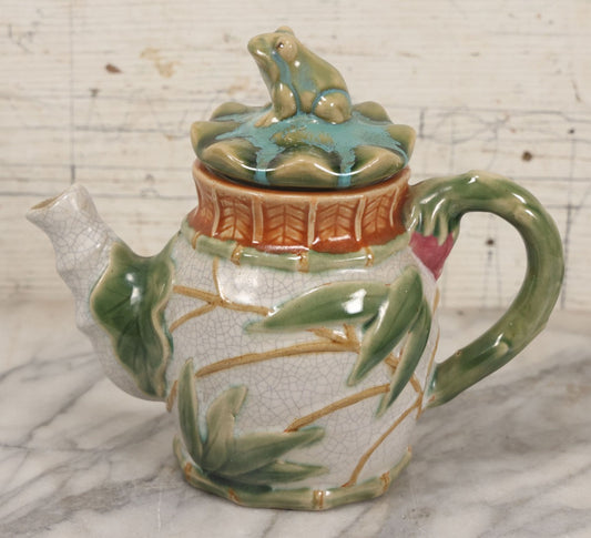 Lot 069 - Vintage Majolica Ceramic Teapot With Figural Frog On Lid, Bamboo Motif, Craquelure Finish, 7-1/4" H