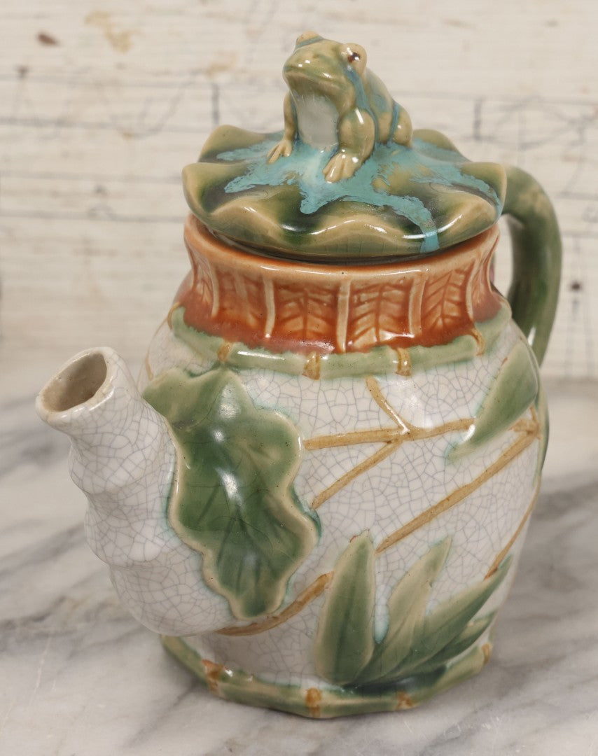 Lot 069 - Vintage Majolica Ceramic Teapot With Figural Frog On Lid, Bamboo Motif, Craquelure Finish, 7-1/4" H