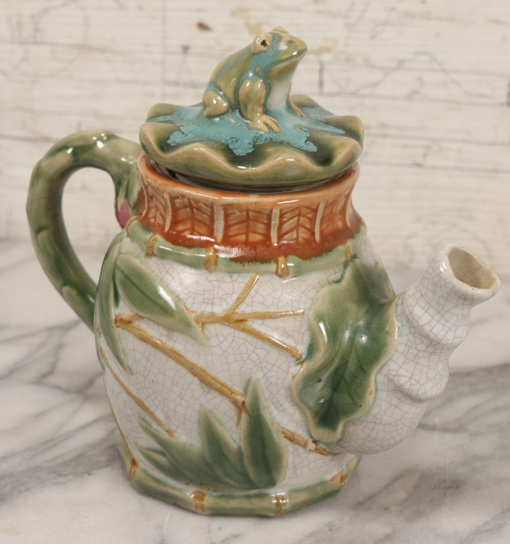 Lot 069 - Vintage Majolica Ceramic Teapot With Figural Frog On Lid, Bamboo Motif, Craquelure Finish, 7-1/4" H