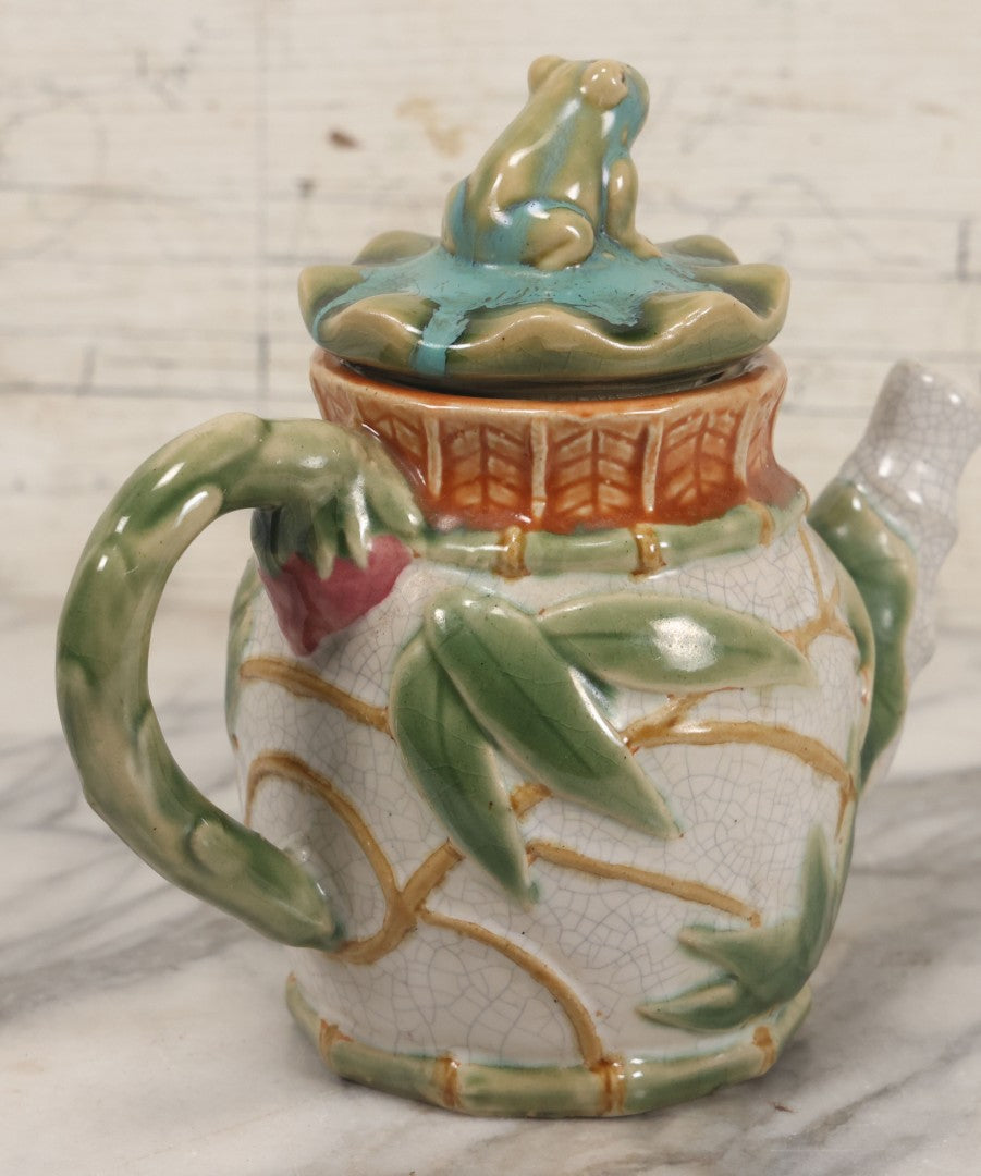 Lot 069 - Vintage Majolica Ceramic Teapot With Figural Frog On Lid, Bamboo Motif, Craquelure Finish, 7-1/4" H