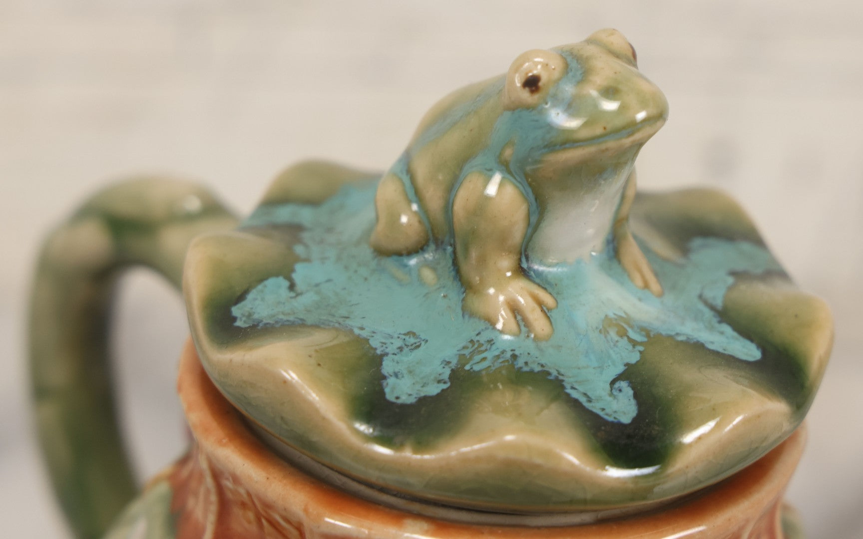 Lot 069 - Vintage Majolica Ceramic Teapot With Figural Frog On Lid, Bamboo Motif, Craquelure Finish, 7-1/4" H
