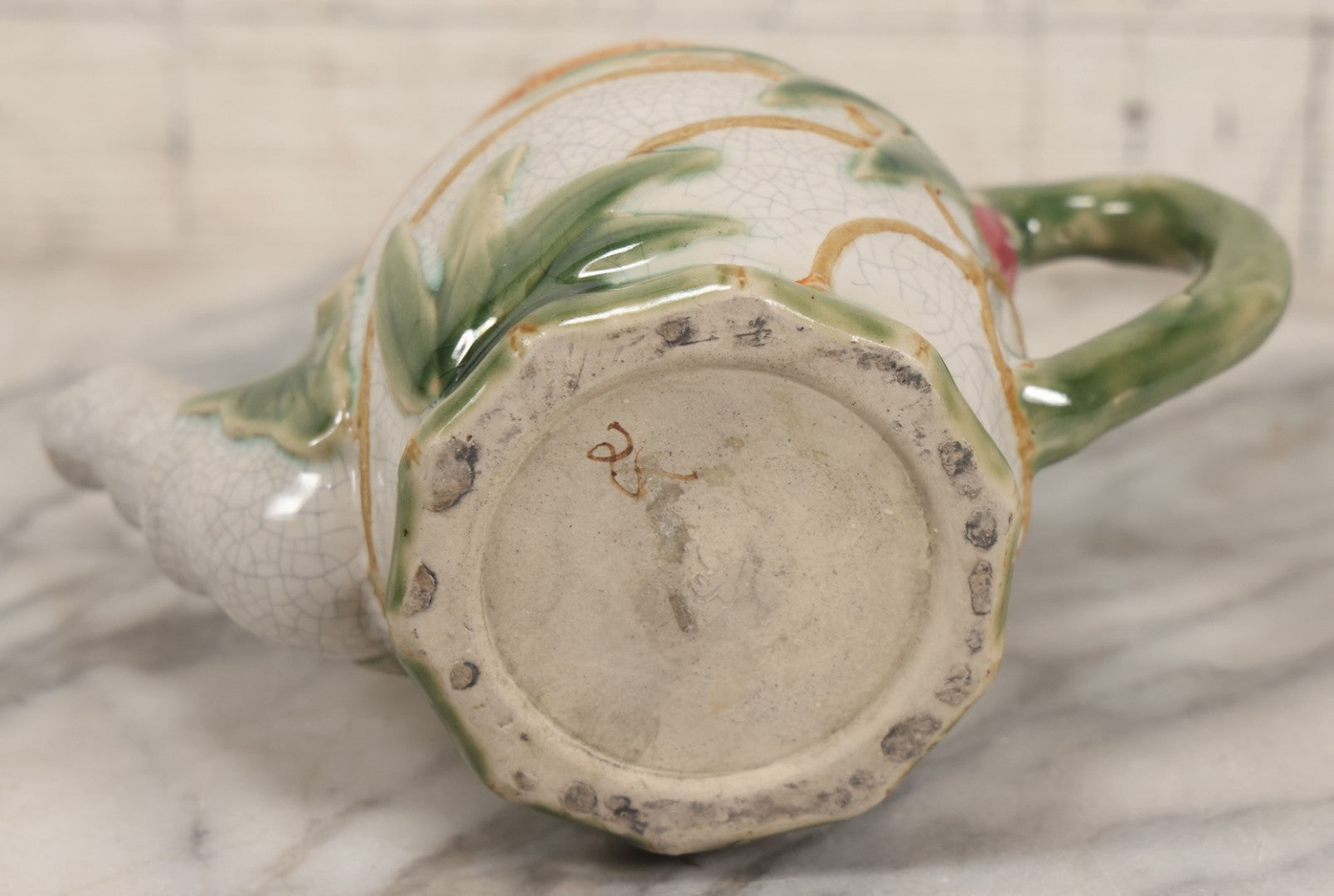 Lot 069 - Vintage Majolica Ceramic Teapot With Figural Frog On Lid, Bamboo Motif, Craquelure Finish, 7-1/4" H