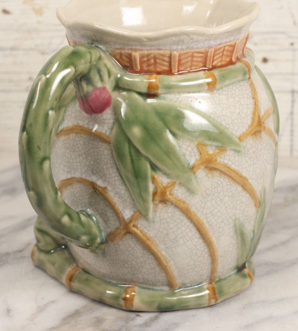 Lot 070 - Vintage Majolica Ceramic Jug With Bamboo And Lilypad Motifs, Craquelure Finish, Figural Frog At Base, 7" H