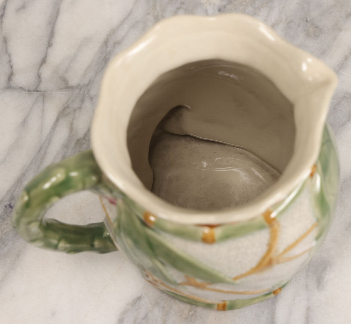 Lot 070 - Vintage Majolica Ceramic Jug With Bamboo And Lilypad Motifs, Craquelure Finish, Figural Frog At Base, 7" H