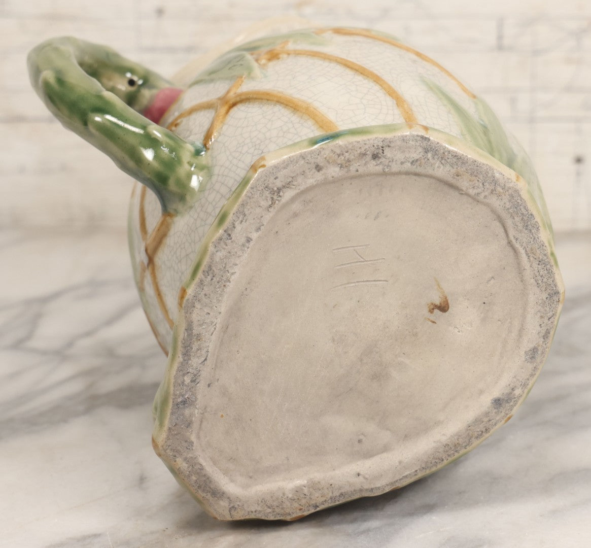 Lot 070 - Vintage Majolica Ceramic Jug With Bamboo And Lilypad Motifs, Craquelure Finish, Figural Frog At Base, 7" H