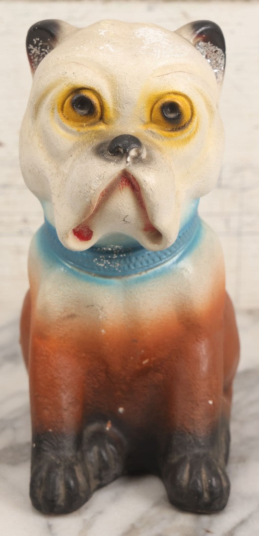 Lot 071 - Vintage Chalkware Bulldog Bank Carnival Prize, Airbrush Painted With Glittered Ears, 9-3/4" H