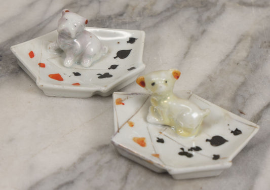 Lot 073 - Pair Of Vintage Ceramic Trinket Dish Ashtrays With Poker Hands And Puppies, Marked Made In Japan, 1-3/8" H Each