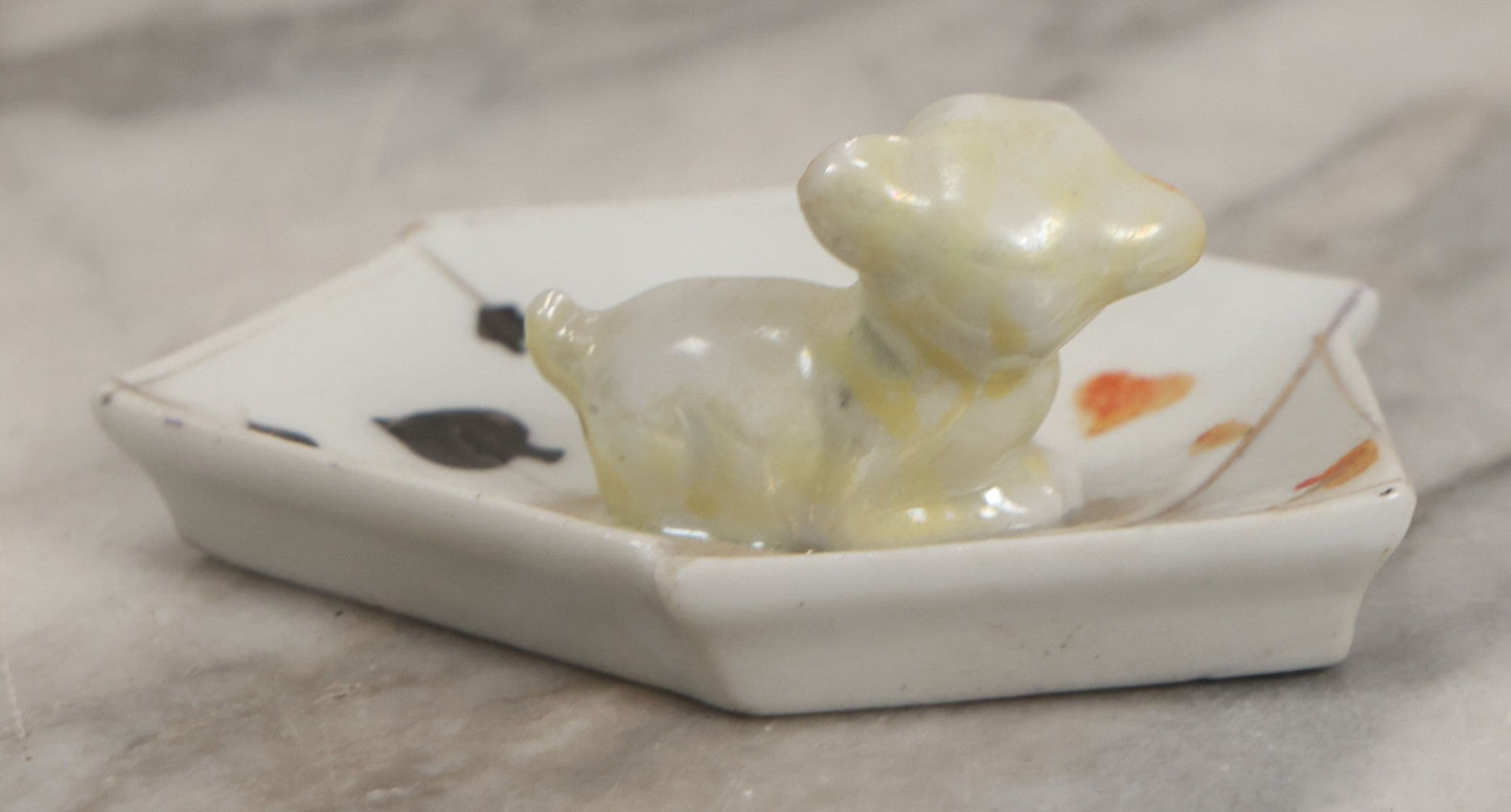 Lot 073 - Pair Of Vintage Ceramic Trinket Dish Ashtrays With Poker Hands And Puppies, Marked Made In Japan, 1-3/8" H Each