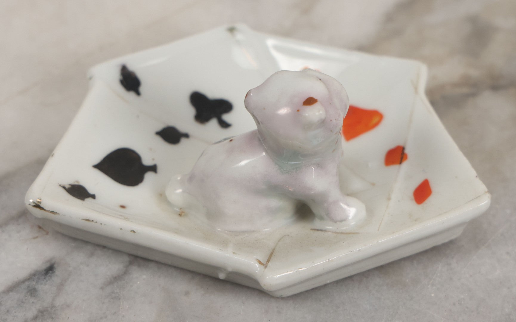 Lot 073 - Pair Of Vintage Ceramic Trinket Dish Ashtrays With Poker Hands And Puppies, Marked Made In Japan, 1-3/8" H Each