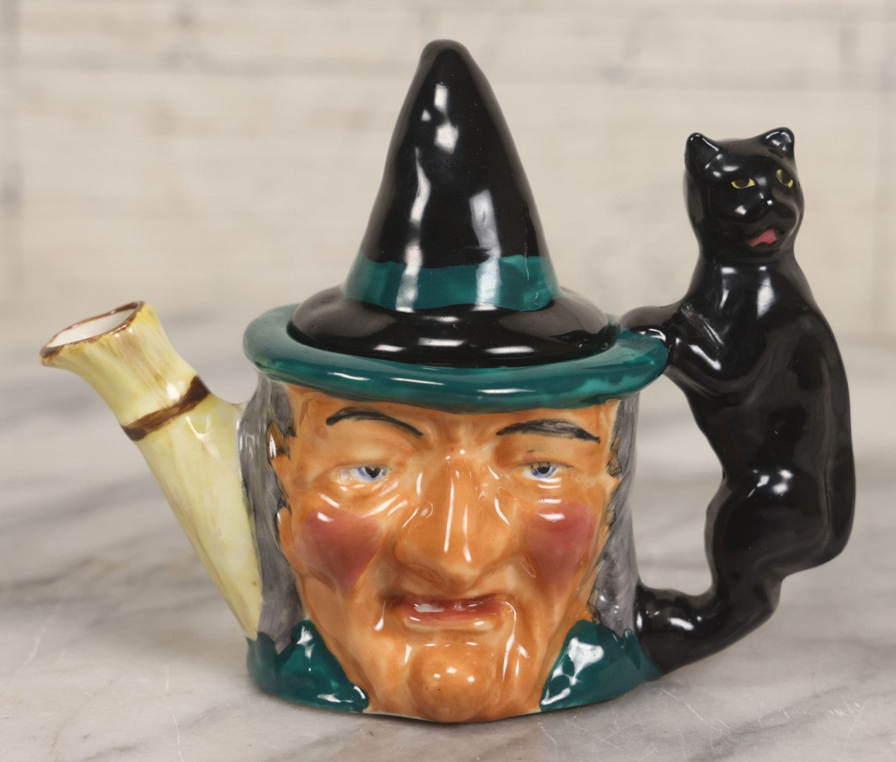 Lot 074 - Vintage Hand-Made And Hand-Painted "The Witch" Thorley Bone China Miniature Teapot With Witch Face, Black Cat Familiar, Witch Hat As Lid, Made In Stoke-On-Trent, England, Circa 1950, 3-3/4" H