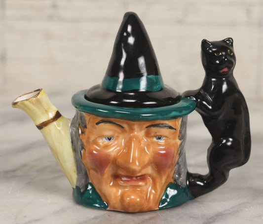 Lot 074 - Vintage Hand-Made And Hand-Painted "The Witch" Thorley Bone China Miniature Teapot With Witch Face, Black Cat Familiar, Witch Hat As Lid, Made In Stoke-On-Trent, England, Circa 1950, 3-3/4" H