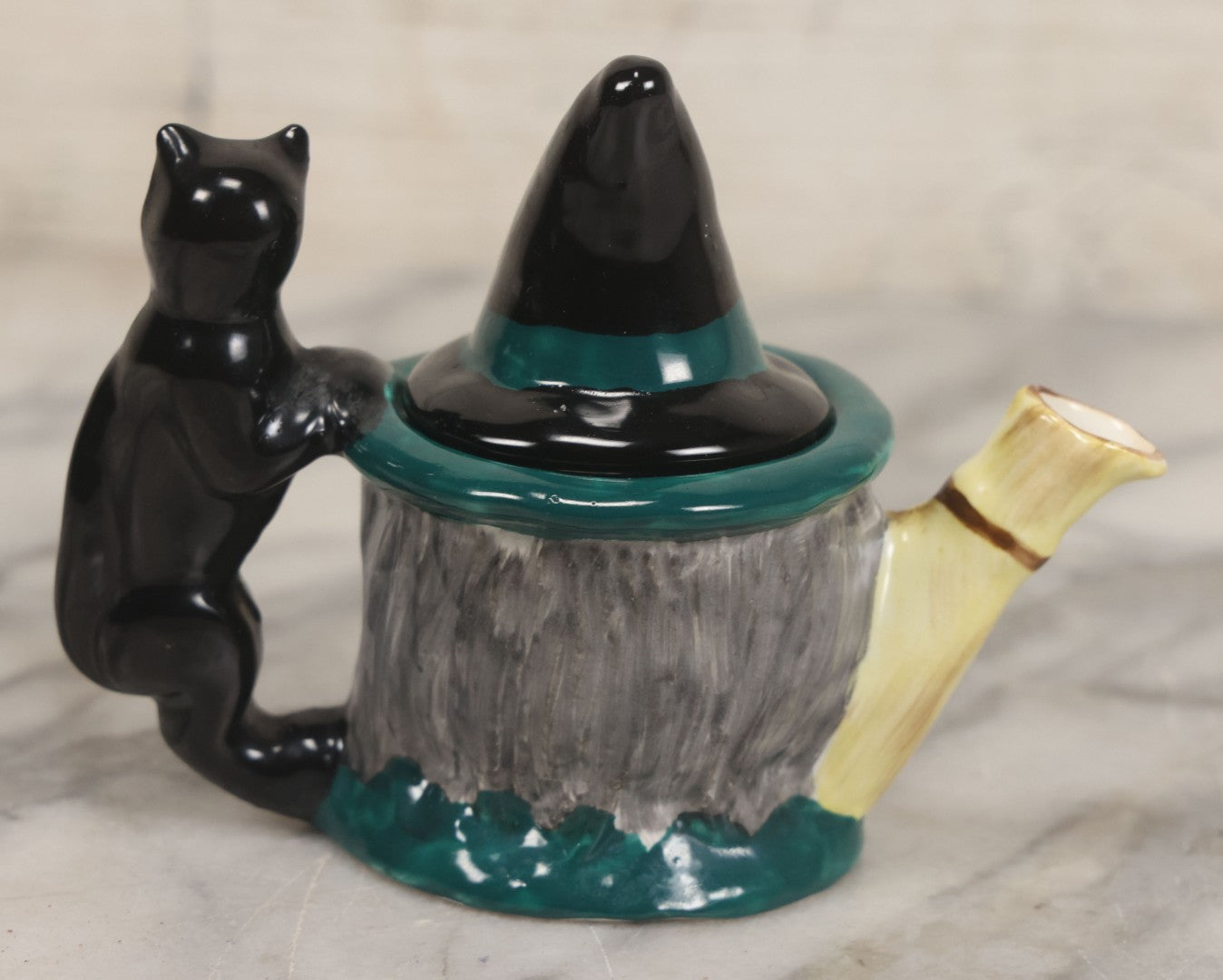 Lot 074 - Vintage Hand-Made And Hand-Painted "The Witch" Thorley Bone China Miniature Teapot With Witch Face, Black Cat Familiar, Witch Hat As Lid, Made In Stoke-On-Trent, England, Circa 1950, 3-3/4" H